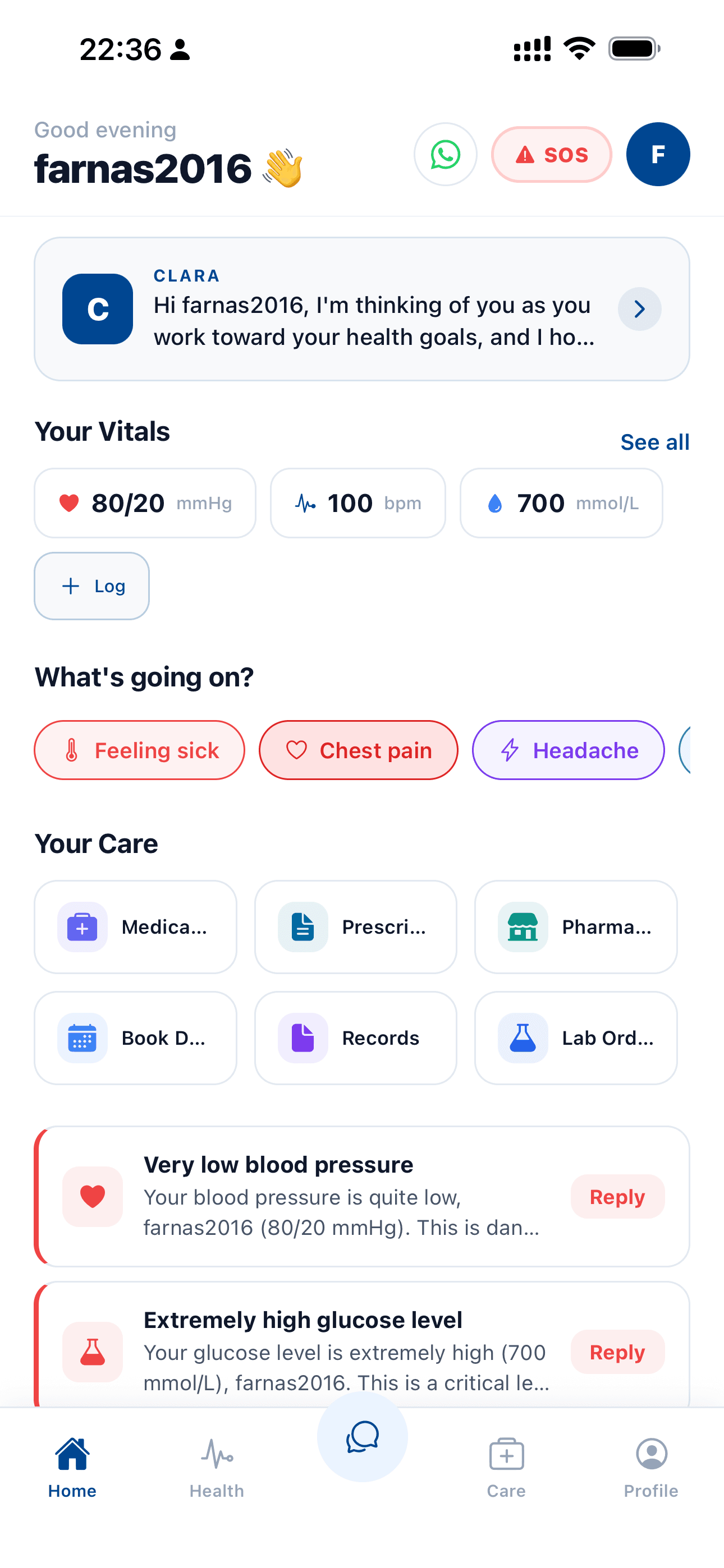 Yovra app showing patient health tools